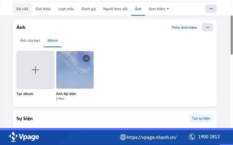 Truy cập vào trang Fanpage > Chọn mục “Ảnh” > Chọn “Album” > Chọn tạo Album 